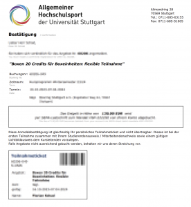 Example of a booking confirmation from University Sports of the University of Stuttgart